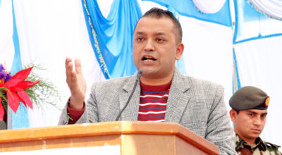 Nepali Congress leader Gagan Thapa speaking at program organised to support quake-affected building of Central Deaf Higher Secondary School in Naxal on Monday, December 28, 2015. Photo: RSS